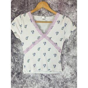 Orange Kiss White Purple Cross Lace Floral Top Blouse Cottage Women's Small